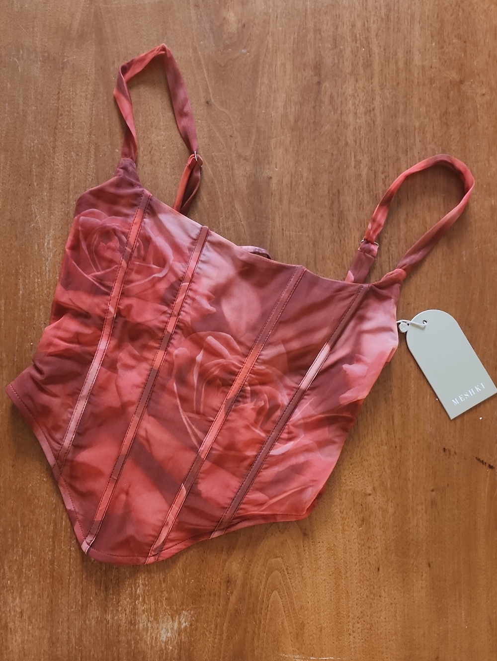 NWT! Meshki Joanie Mesh Lace Up Corset With Red Rose Print